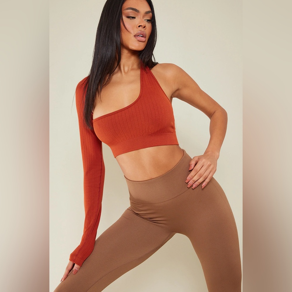 Rust Wide Snatched Rib Asymmetric Crop Top